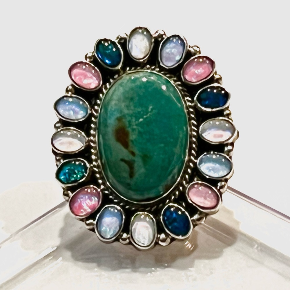 Signed - Geraldine James, Navajo. Large Sterling Cerrillos Turquoise Opal Ring